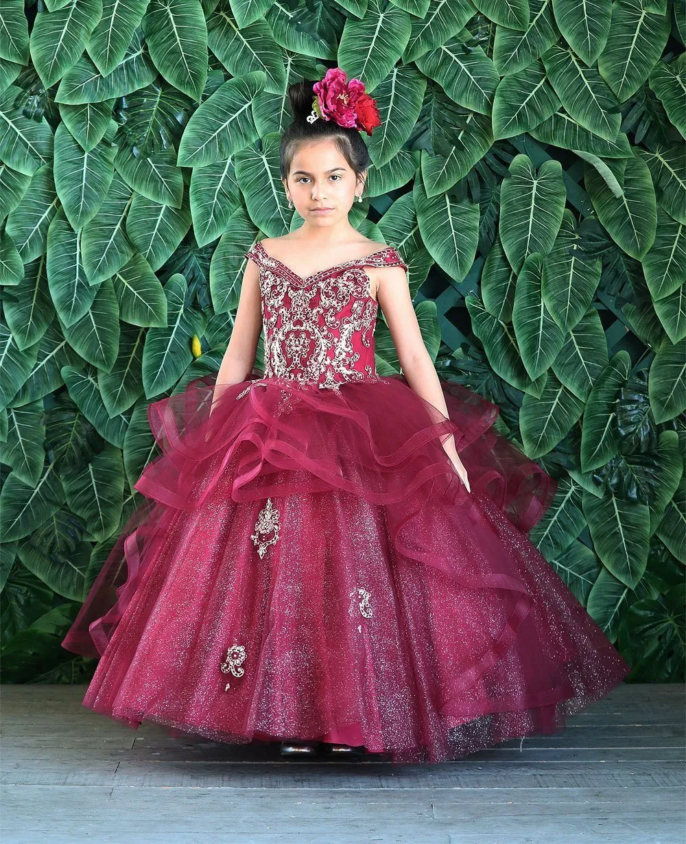 Girls Long Off Shoulder Layered Dress by Calla KY223