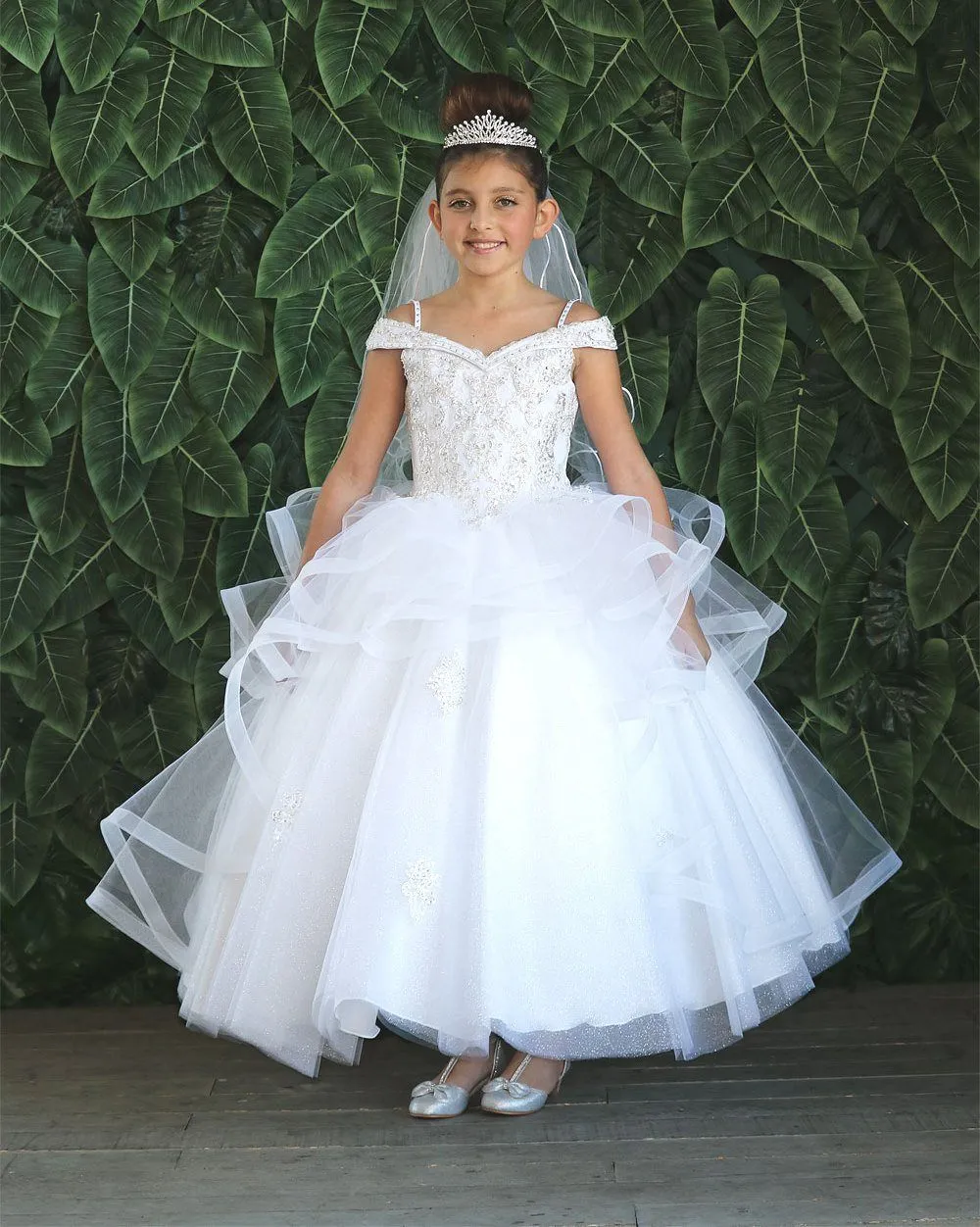 Girls Long Off Shoulder Layered Dress by Calla KY223