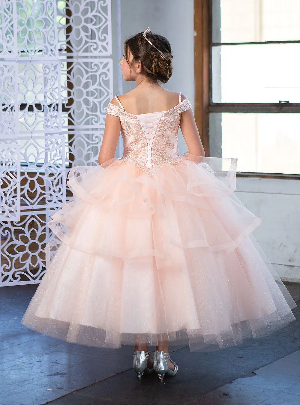 Girls Long Off Shoulder Layered Dress by Calla KY223