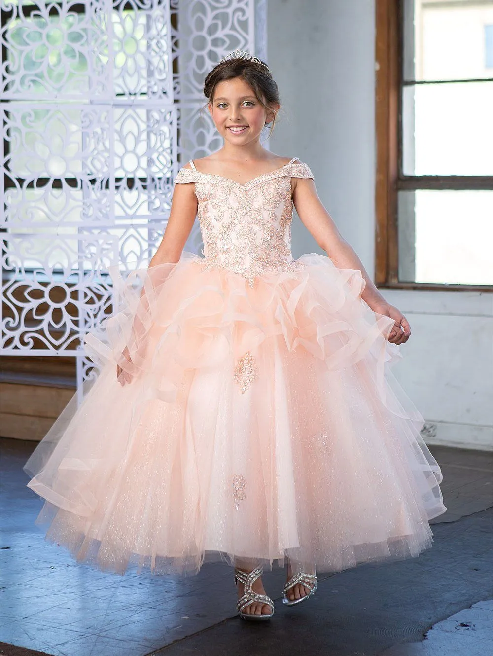 Girls Long Off Shoulder Layered Dress by Calla KY223