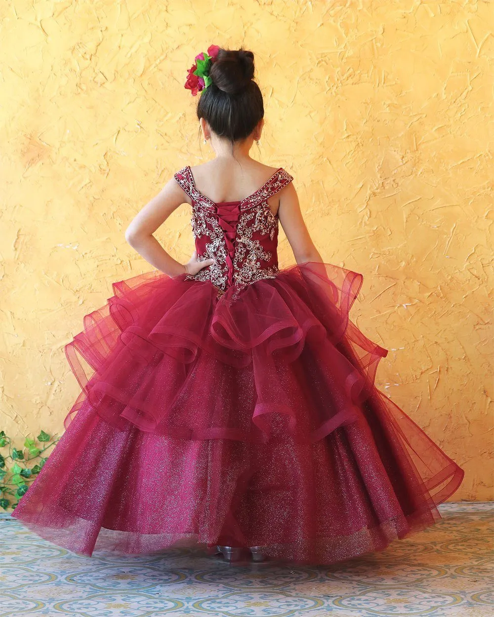 Girls Long Off Shoulder Layered Dress by Calla KY223