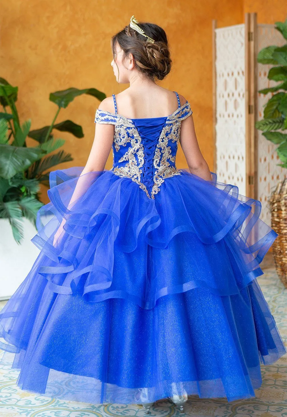 Girls Long Off Shoulder Layered Dress by Calla KY223