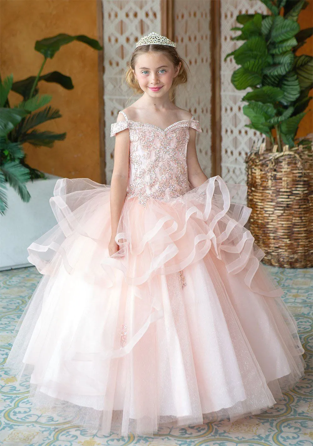 Girls Long Off Shoulder Layered Dress by Calla KY223
