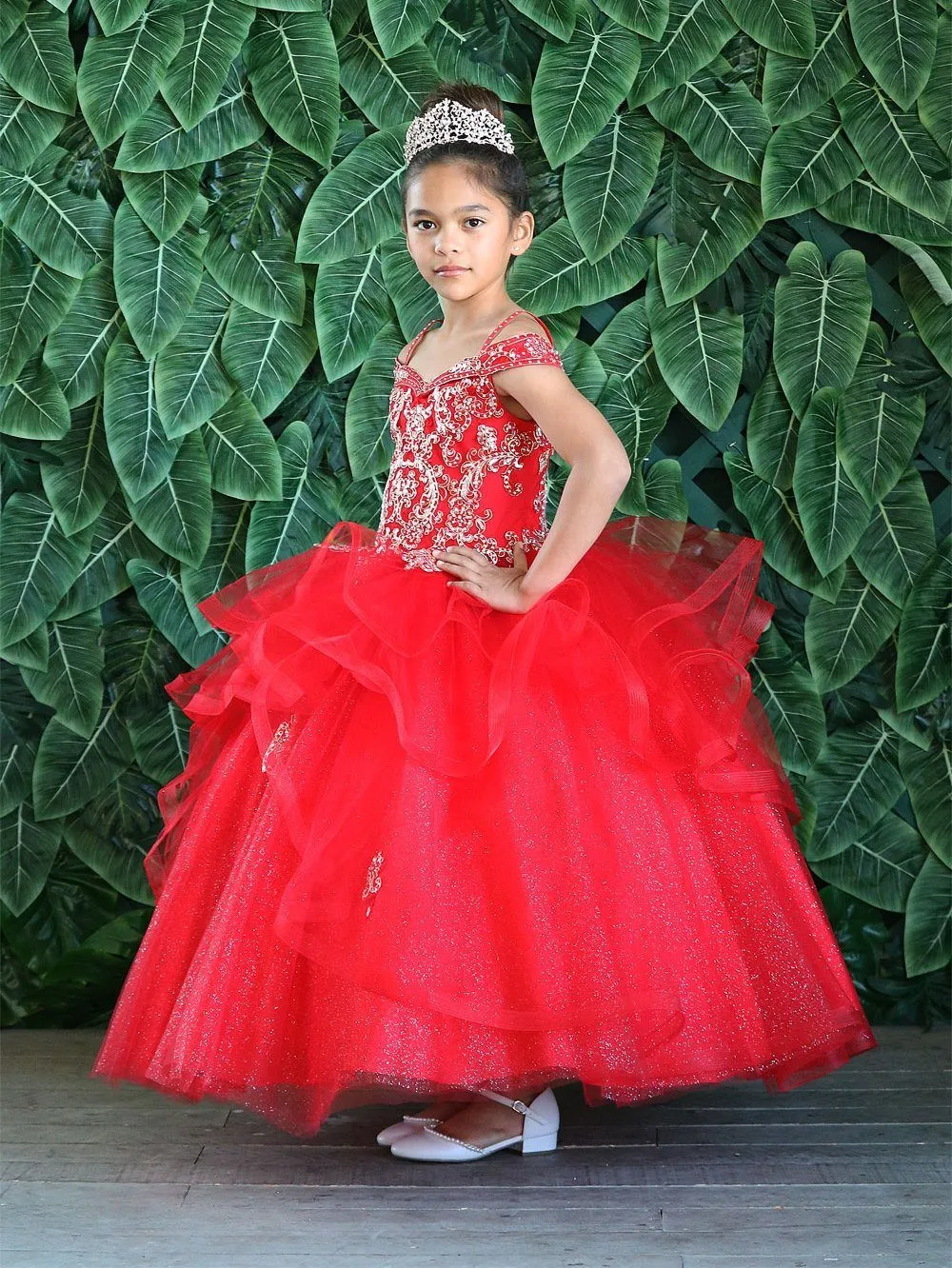 Girls Long Off Shoulder Layered Dress by Calla KY223