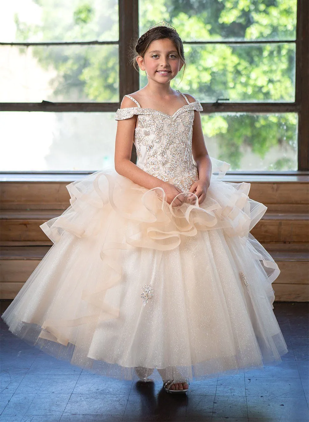 Girls Long Off Shoulder Layered Dress by Calla KY223