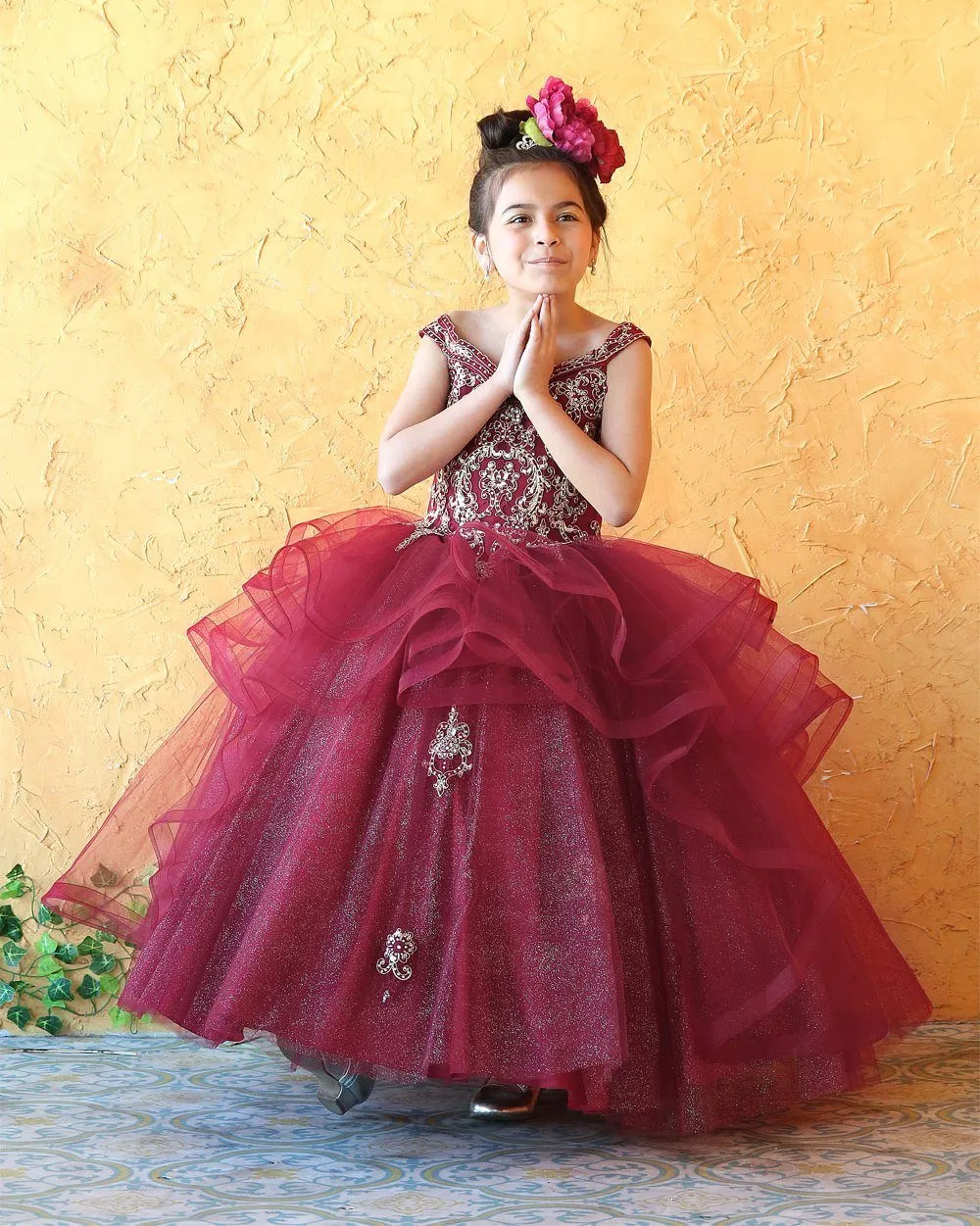 Girls Long Off Shoulder Layered Dress by Calla KY223