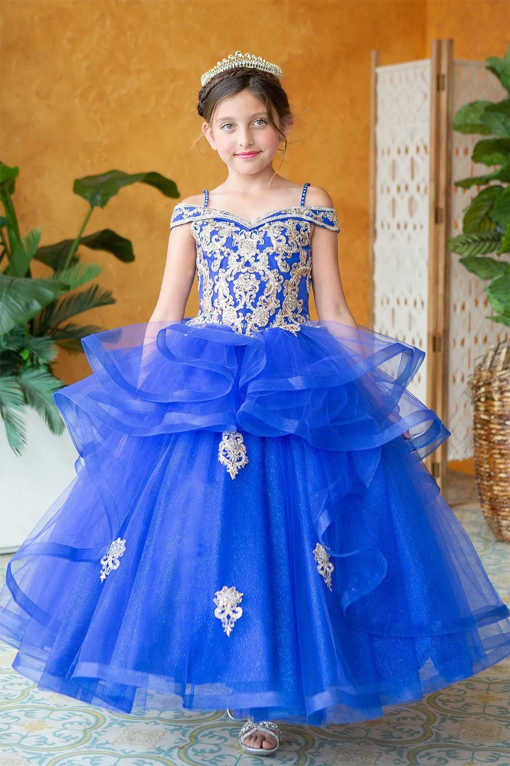 Girls Long Off Shoulder Layered Dress by Calla KY223