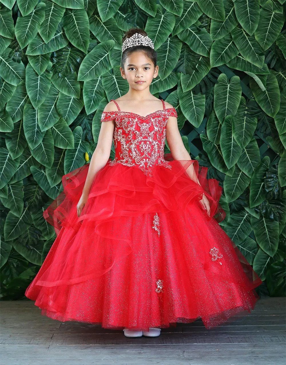 Girls Long Off Shoulder Layered Dress by Calla KY223