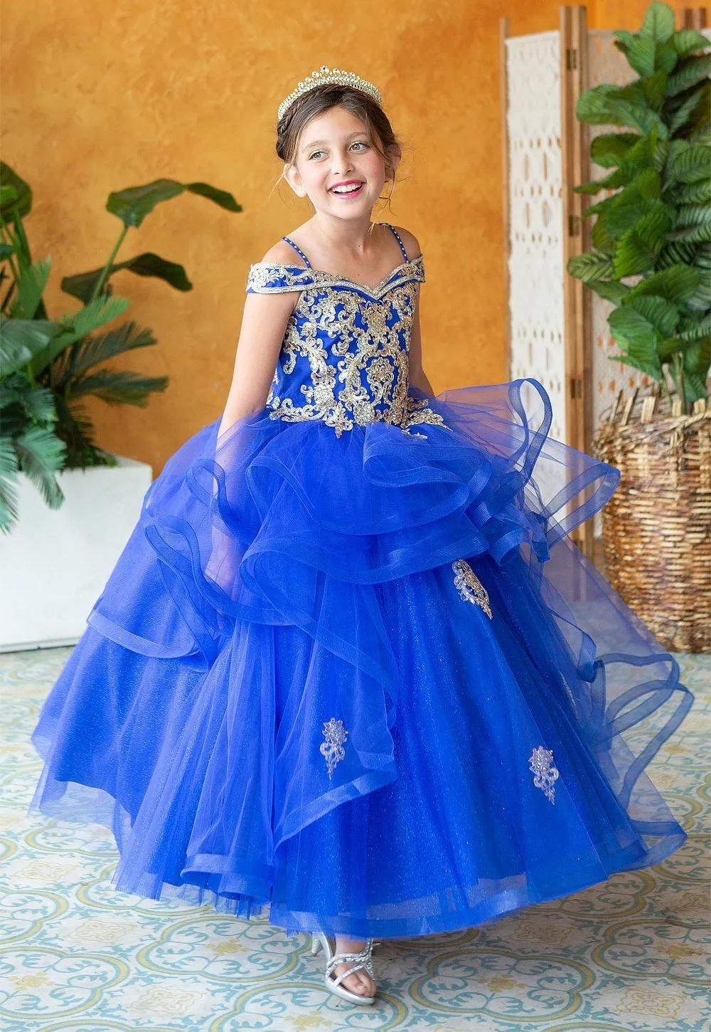 Girls Long Off Shoulder Layered Dress by Calla KY223