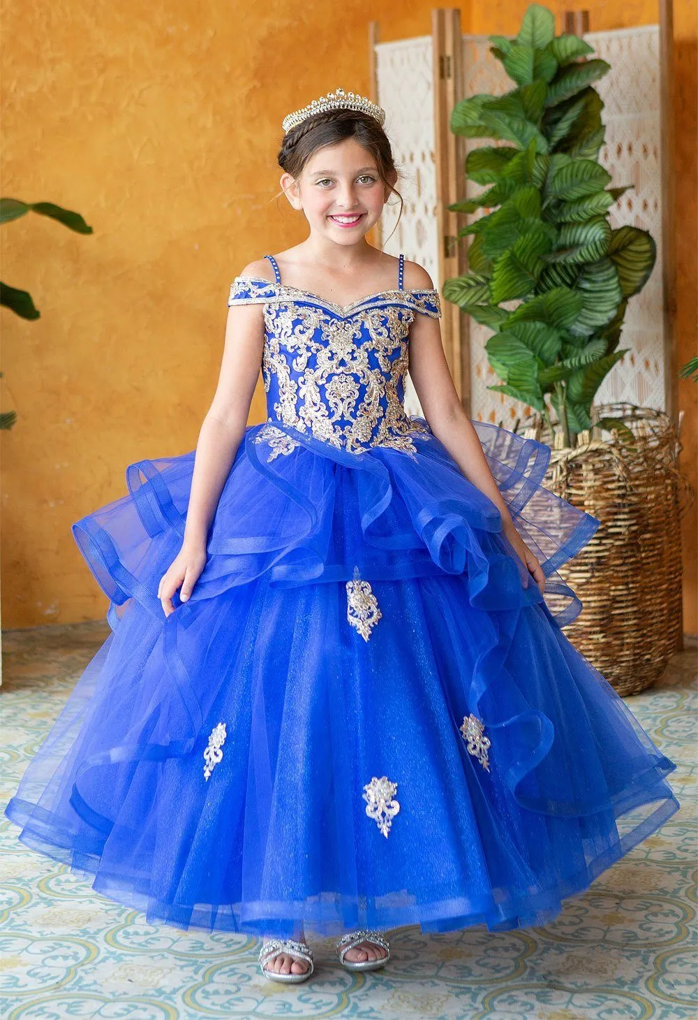 Girls Long Off Shoulder Layered Dress by Calla KY223