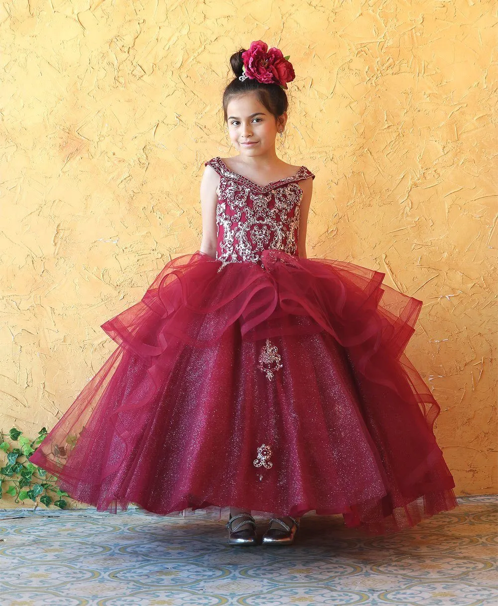 Girls Long Off Shoulder Layered Dress by Calla KY223