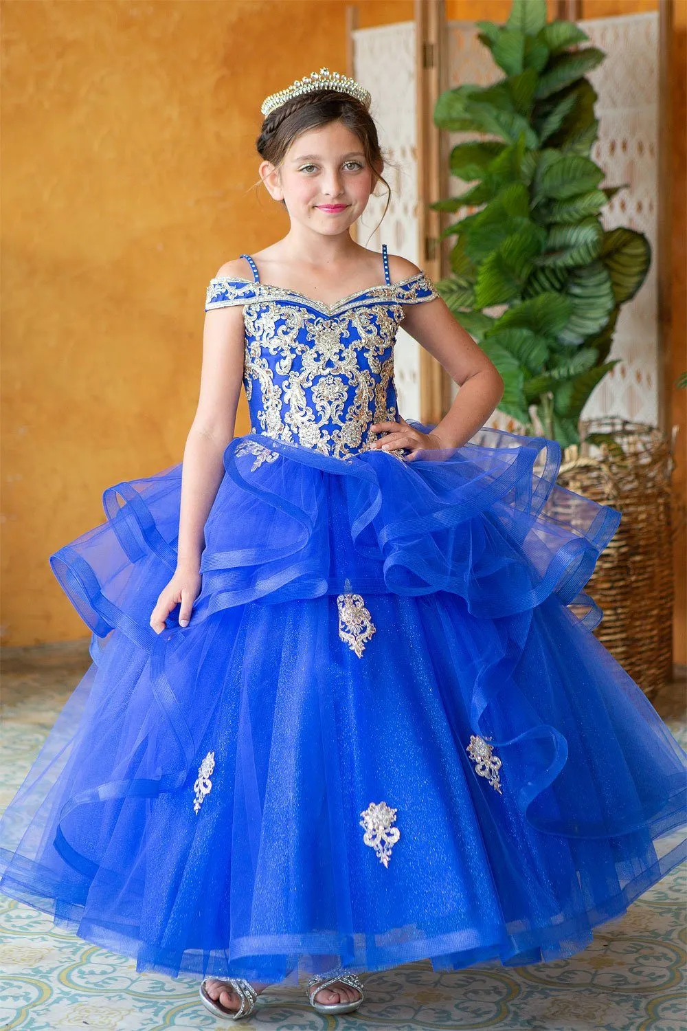 Girls Long Off Shoulder Layered Dress by Calla KY223