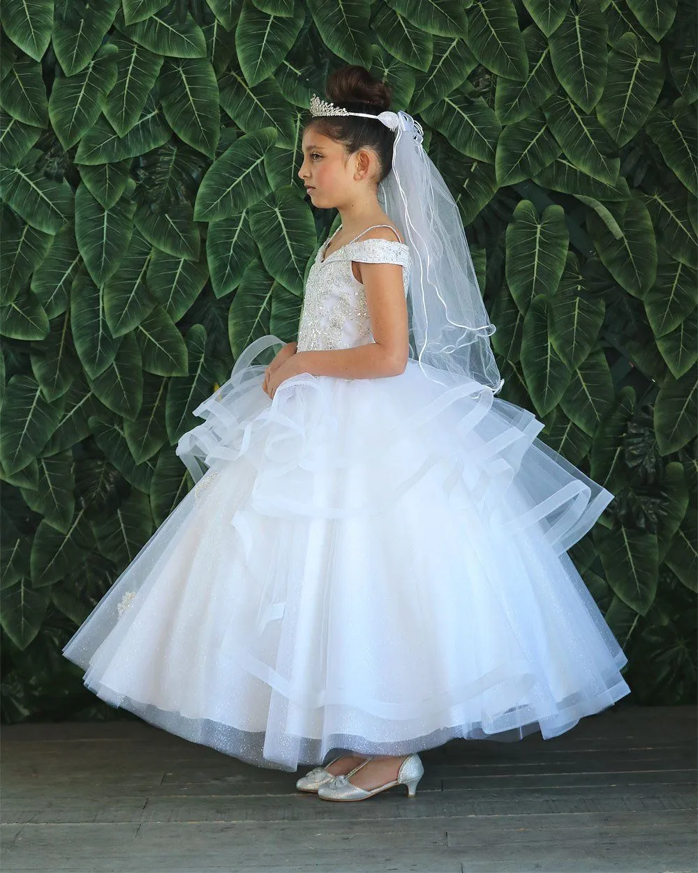 Girls Long Off Shoulder Layered Dress by Calla KY223