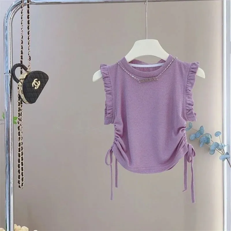 Girls Purple Top And Ruffled Shorts 2 Pcs Set