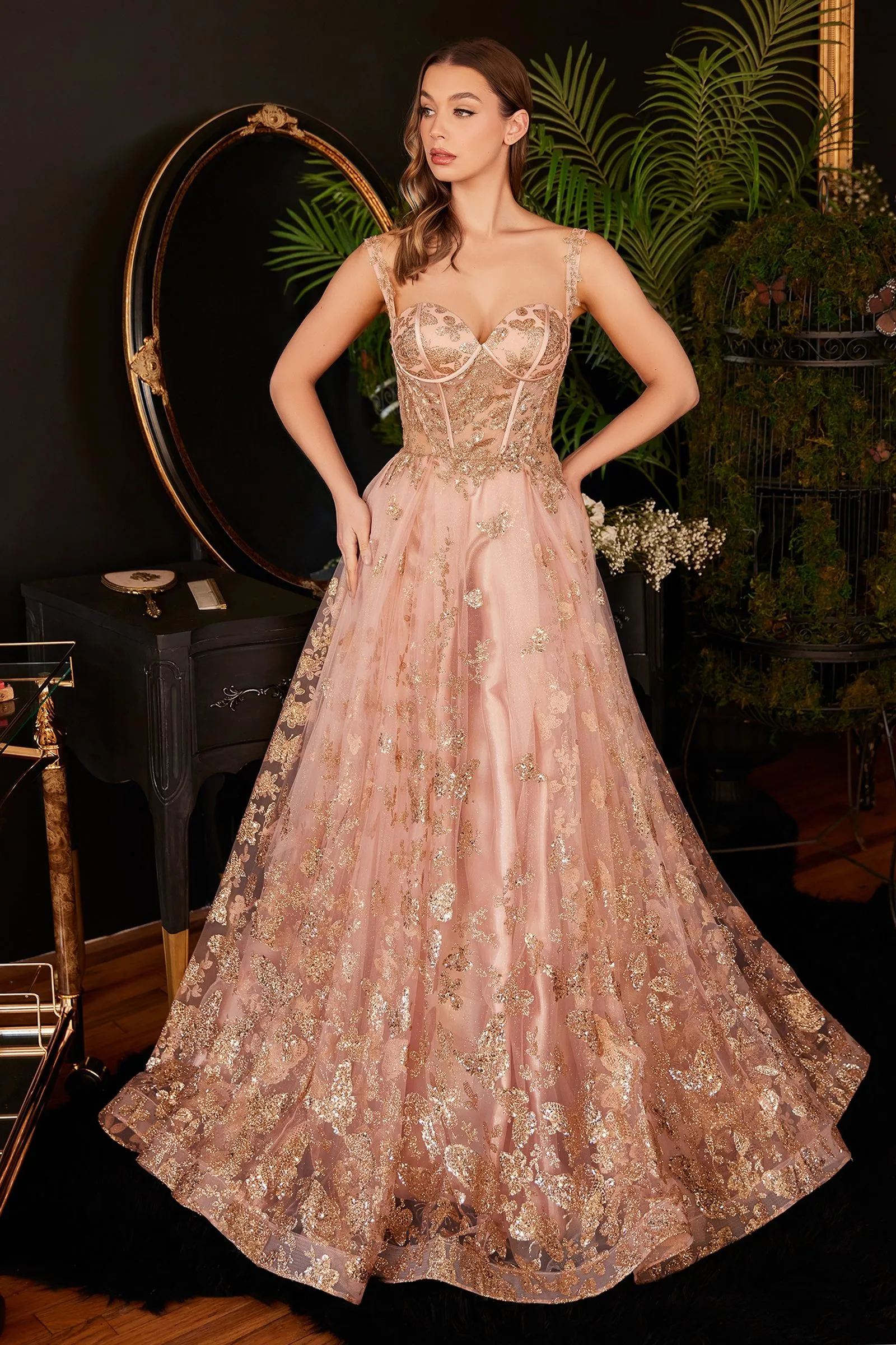 Glitter Corset Sweethearted Open Back Bodice Layered Sequin A-line Long Prom & Ball Dress CDCB102
