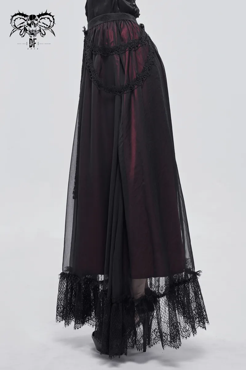 Gothic Floral Lace Splice Layered Skirt / Women's Burgundy Elastic Waist Skirt