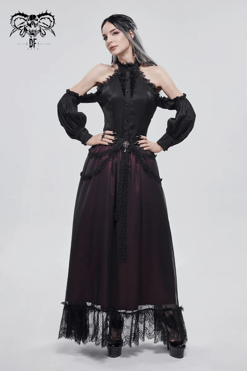 Gothic Floral Lace Splice Layered Skirt / Women's Burgundy Elastic Waist Skirt