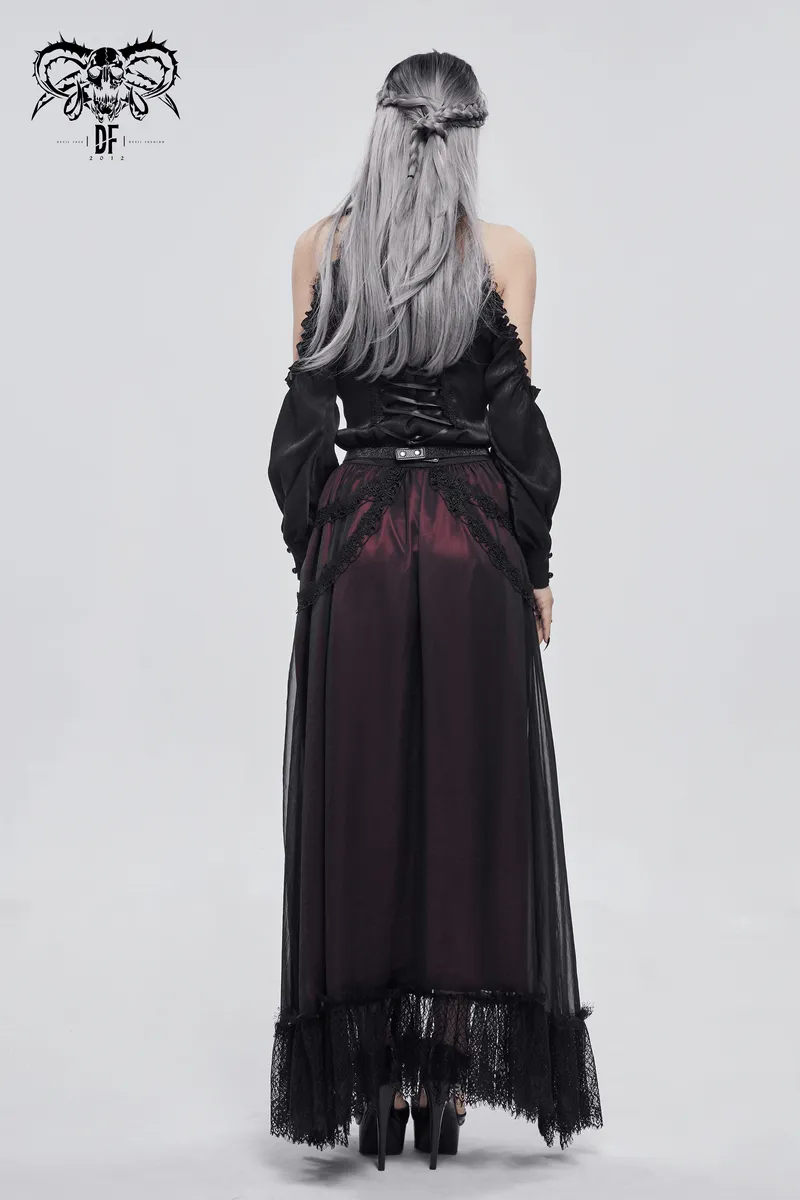 Gothic Floral Lace Splice Layered Skirt / Women's Burgundy Elastic Waist Skirt