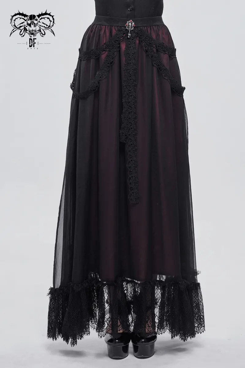Gothic Floral Lace Splice Layered Skirt / Women's Burgundy Elastic Waist Skirt
