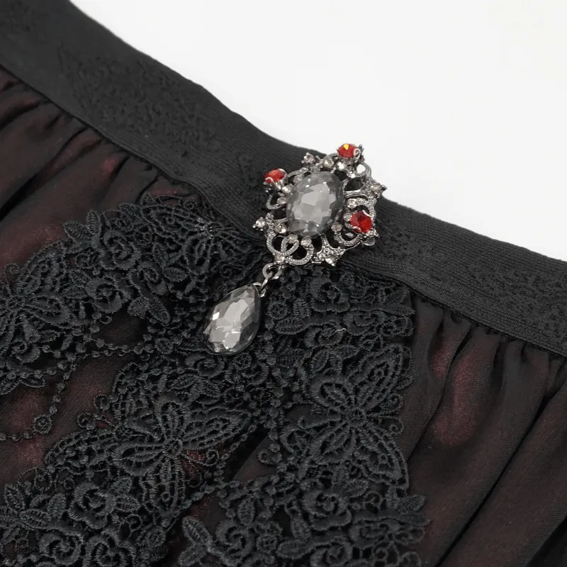 Gothic Floral Lace Splice Layered Skirt / Women's Burgundy Elastic Waist Skirt