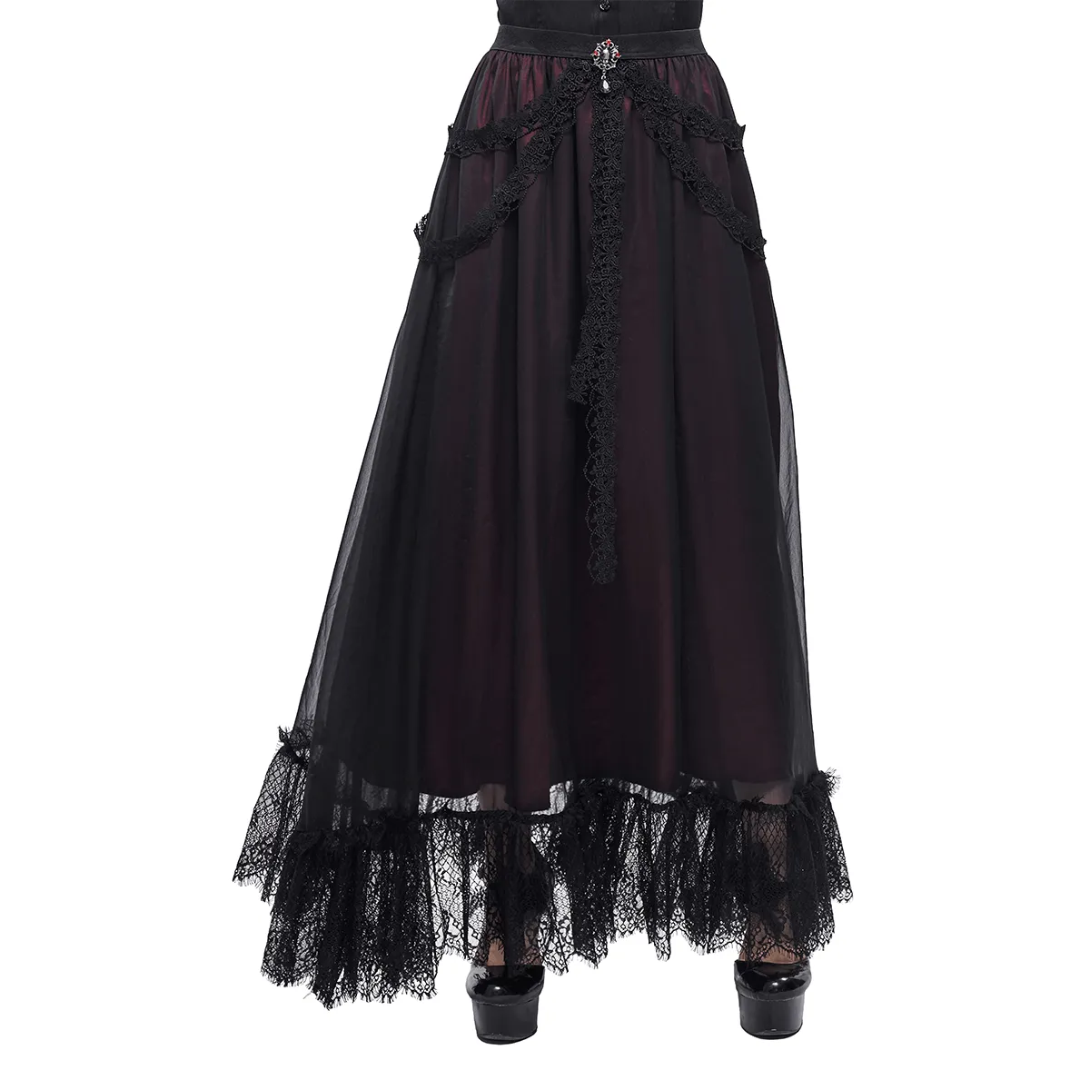 Gothic Floral Lace Splice Layered Skirt / Women's Burgundy Elastic Waist Skirt