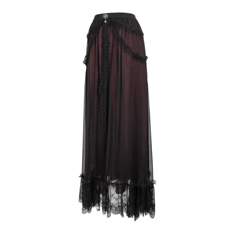 Gothic Floral Lace Splice Layered Skirt / Women's Burgundy Elastic Waist Skirt