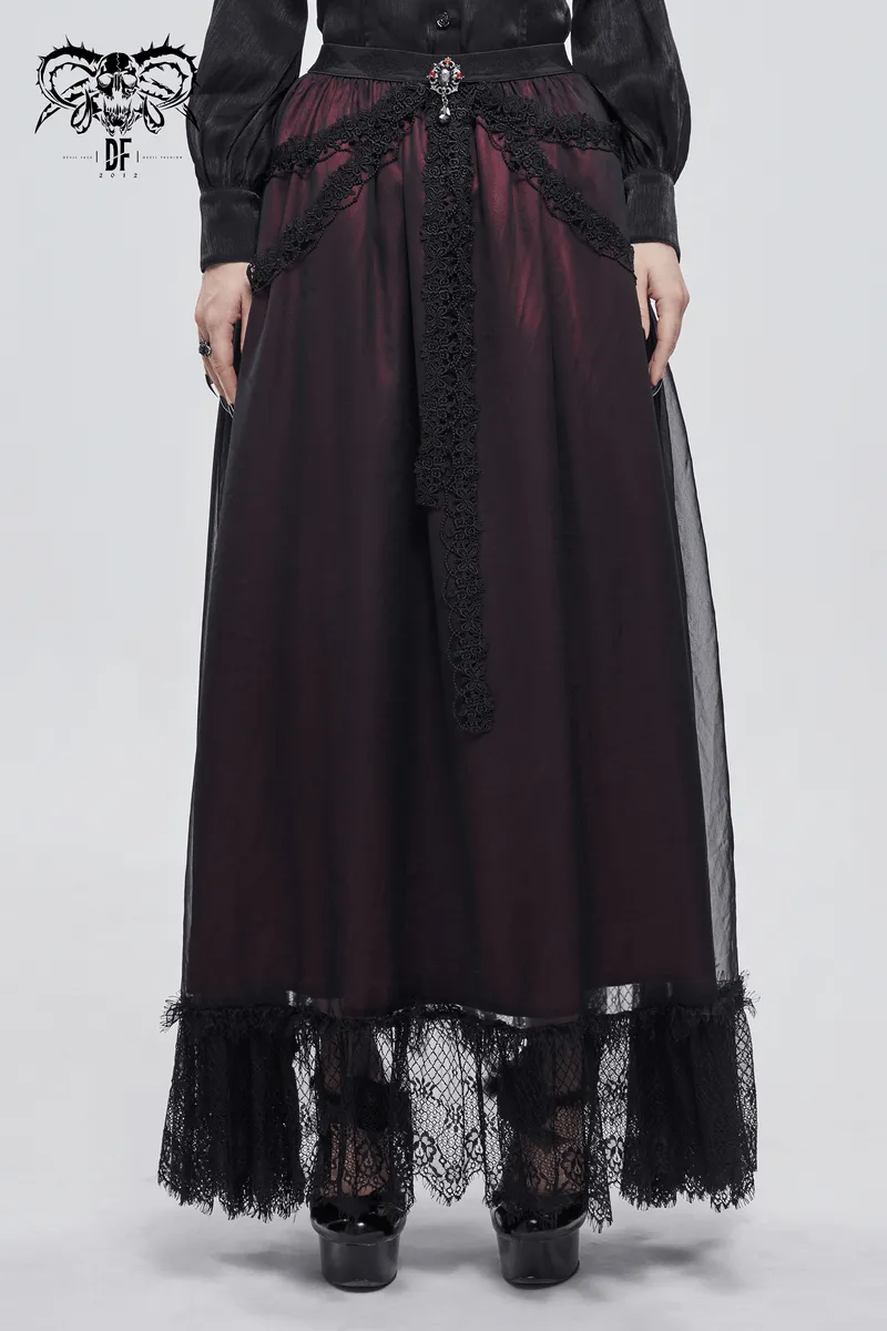 Gothic Floral Lace Splice Layered Skirt / Women's Burgundy Elastic Waist Skirt