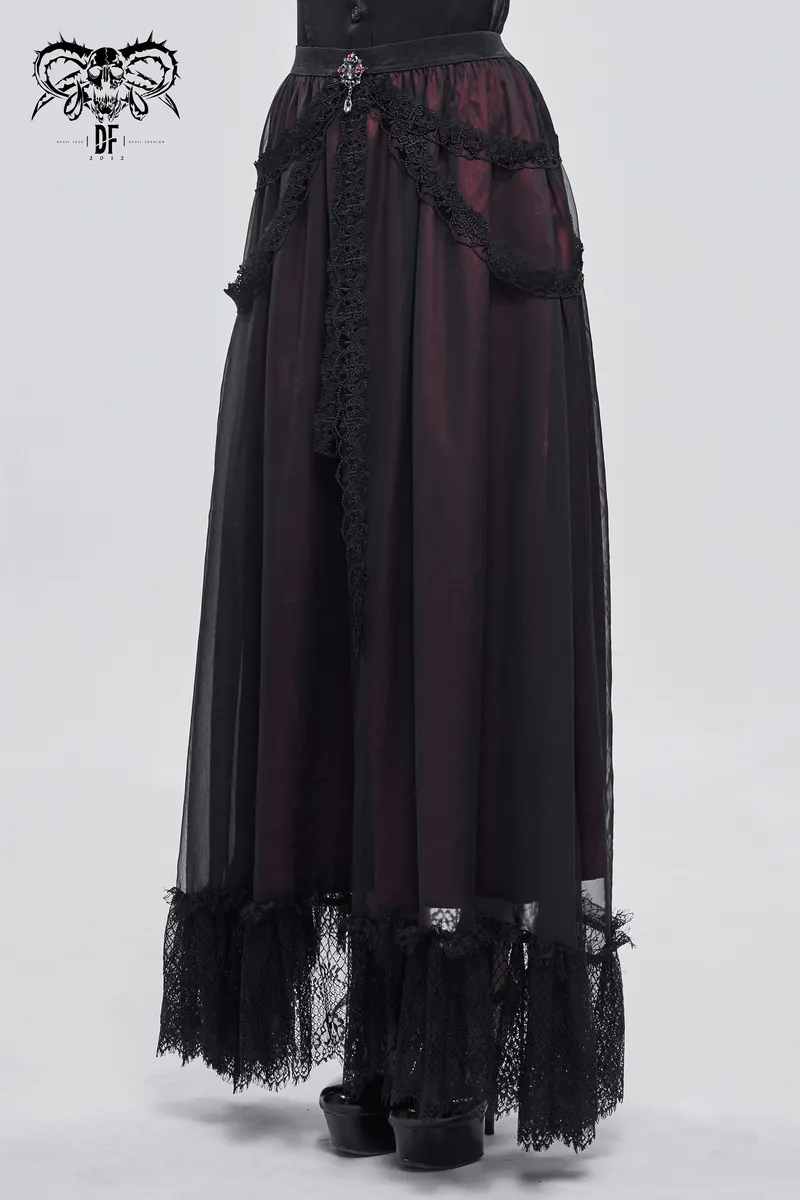 Gothic Floral Lace Splice Layered Skirt / Women's Burgundy Elastic Waist Skirt
