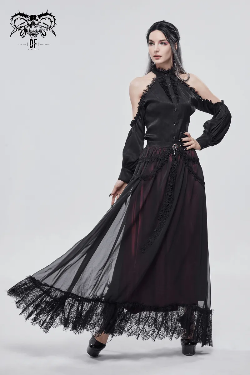 Gothic Floral Lace Splice Layered Skirt / Women's Burgundy Elastic Waist Skirt