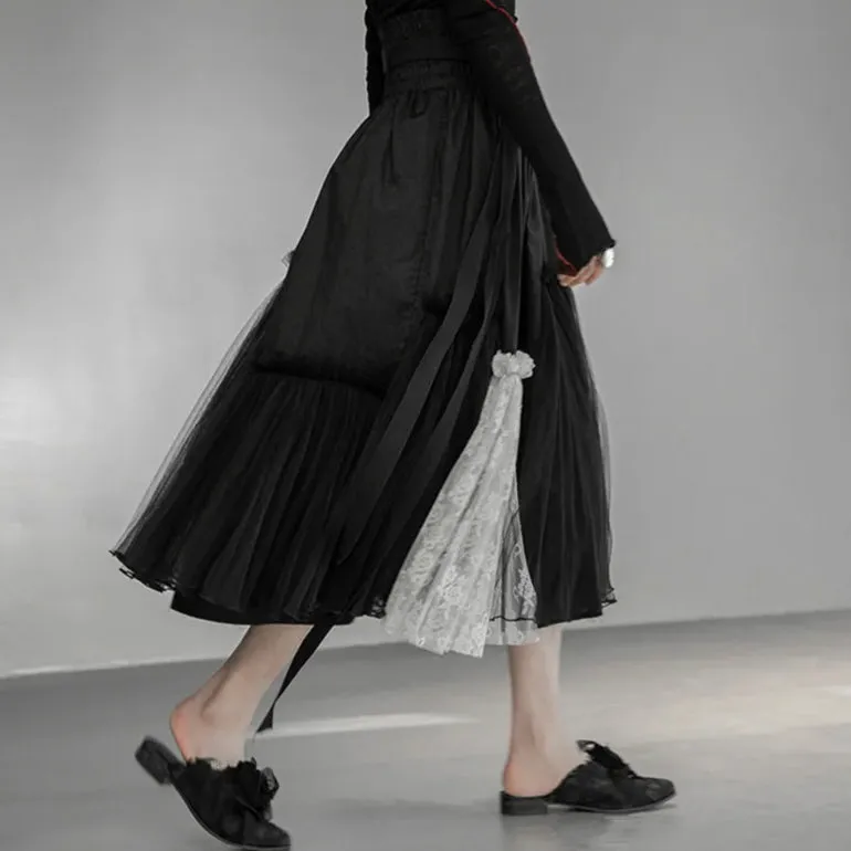 Gothic High-Waisted Tulle & Lace Skirt with Belted Waist – Casual Minimal Goth Collection