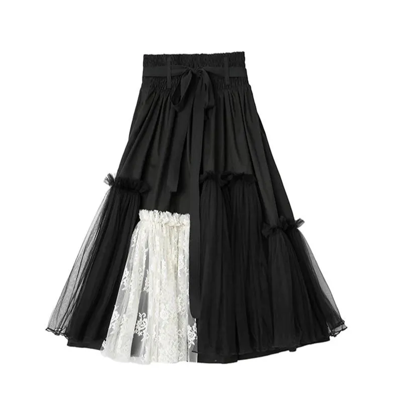 Gothic High-Waisted Tulle & Lace Skirt with Belted Waist – Casual Minimal Goth Collection