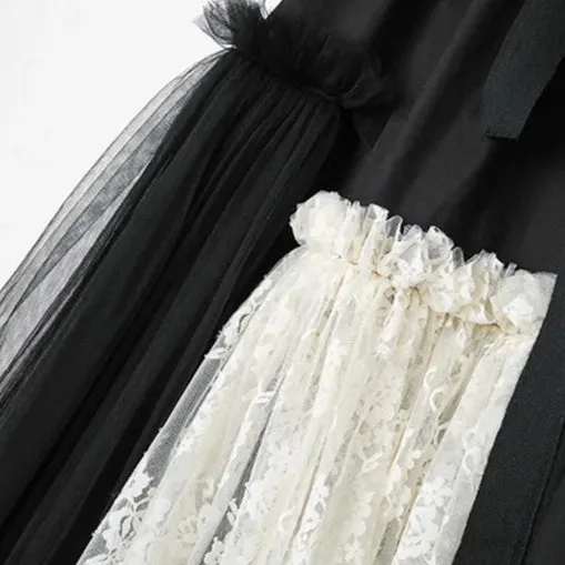 Gothic High-Waisted Tulle & Lace Skirt with Belted Waist – Casual Minimal Goth Collection