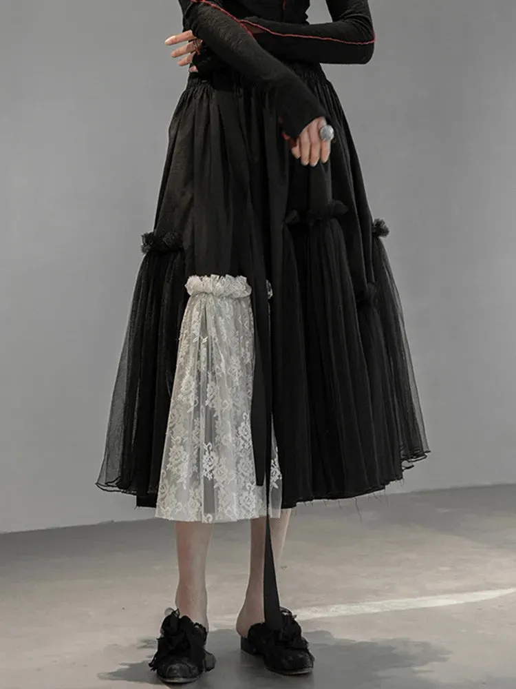 Gothic High-Waisted Tulle & Lace Skirt with Belted Waist – Casual Minimal Goth Collection
