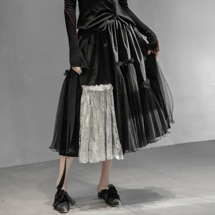 Gothic High-Waisted Tulle & Lace Skirt with Belted Waist – Casual Minimal Goth Collection