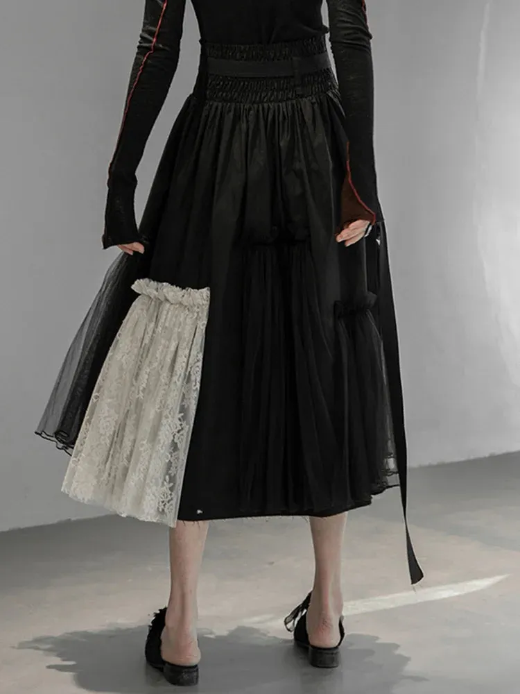 Gothic High-Waisted Tulle & Lace Skirt with Belted Waist – Casual Minimal Goth Collection