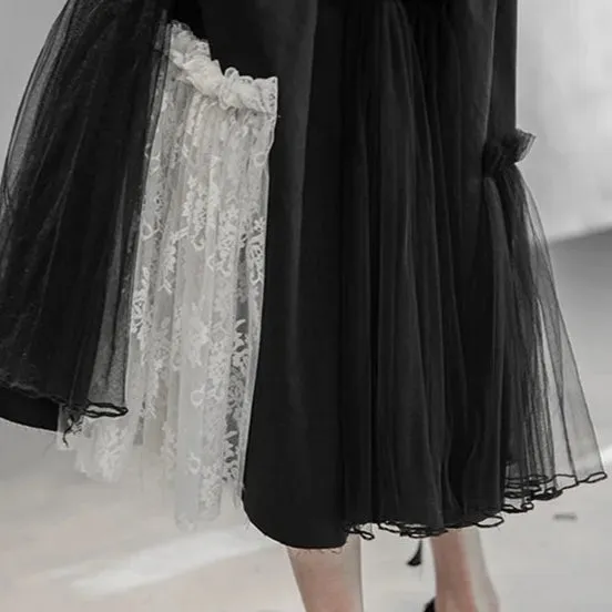 Gothic High-Waisted Tulle & Lace Skirt with Belted Waist – Casual Minimal Goth Collection
