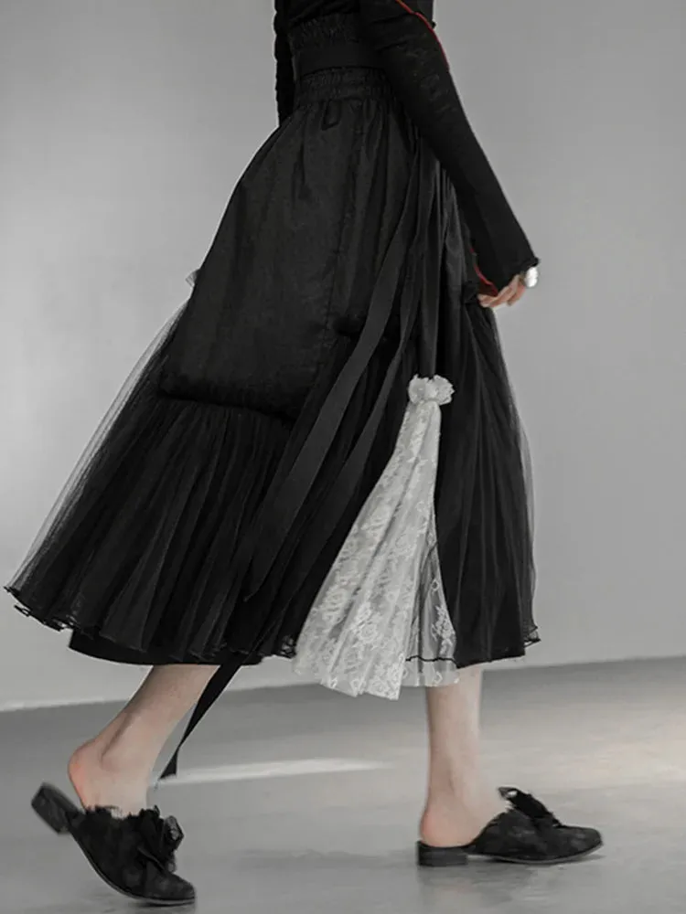 Gothic High-Waisted Tulle & Lace Skirt with Belted Waist – Casual Minimal Goth Collection