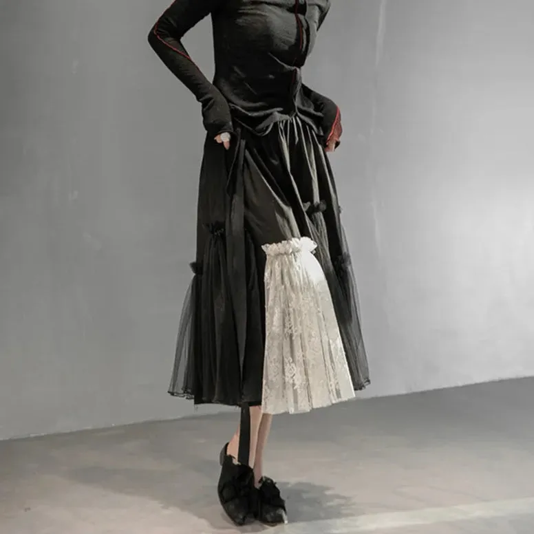 Gothic High-Waisted Tulle & Lace Skirt with Belted Waist – Casual Minimal Goth Collection