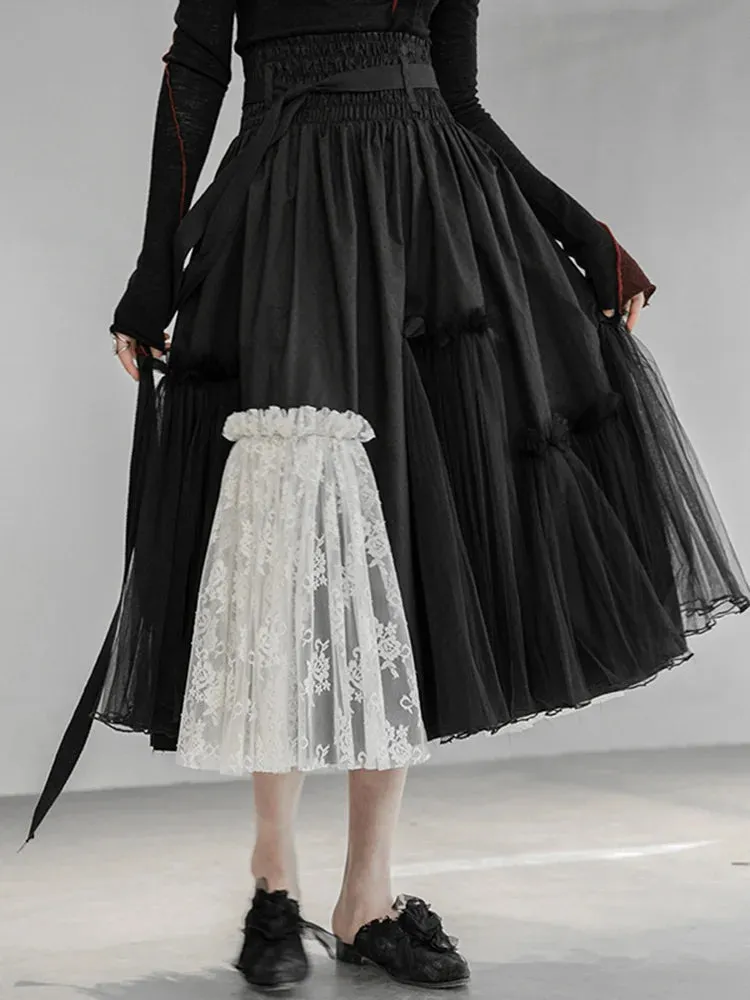 Gothic High-Waisted Tulle & Lace Skirt with Belted Waist – Casual Minimal Goth Collection