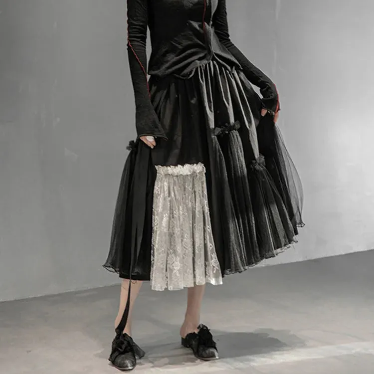 Gothic High-Waisted Tulle & Lace Skirt with Belted Waist – Casual Minimal Goth Collection