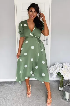 Green Dot Print Wrap Over Midi Dress