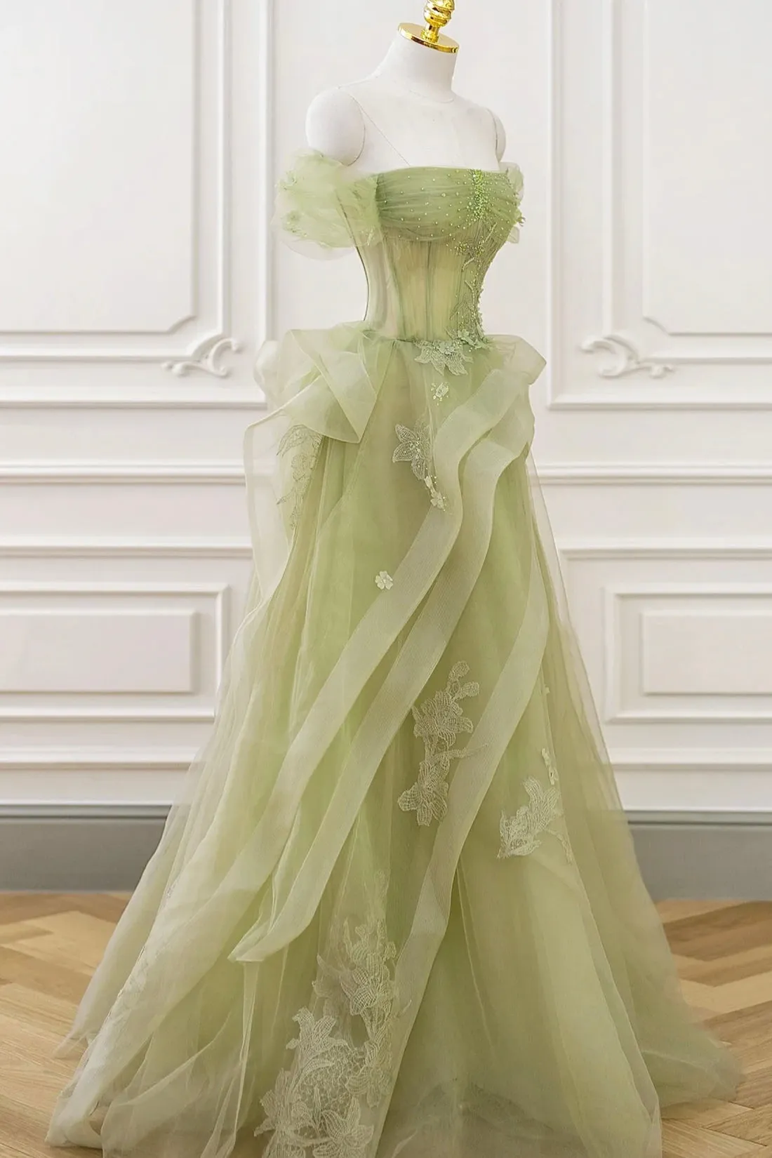 Green Tulle Lace Long Prom Dress with Corset, Off the Shoulder Green Formal Party Dress