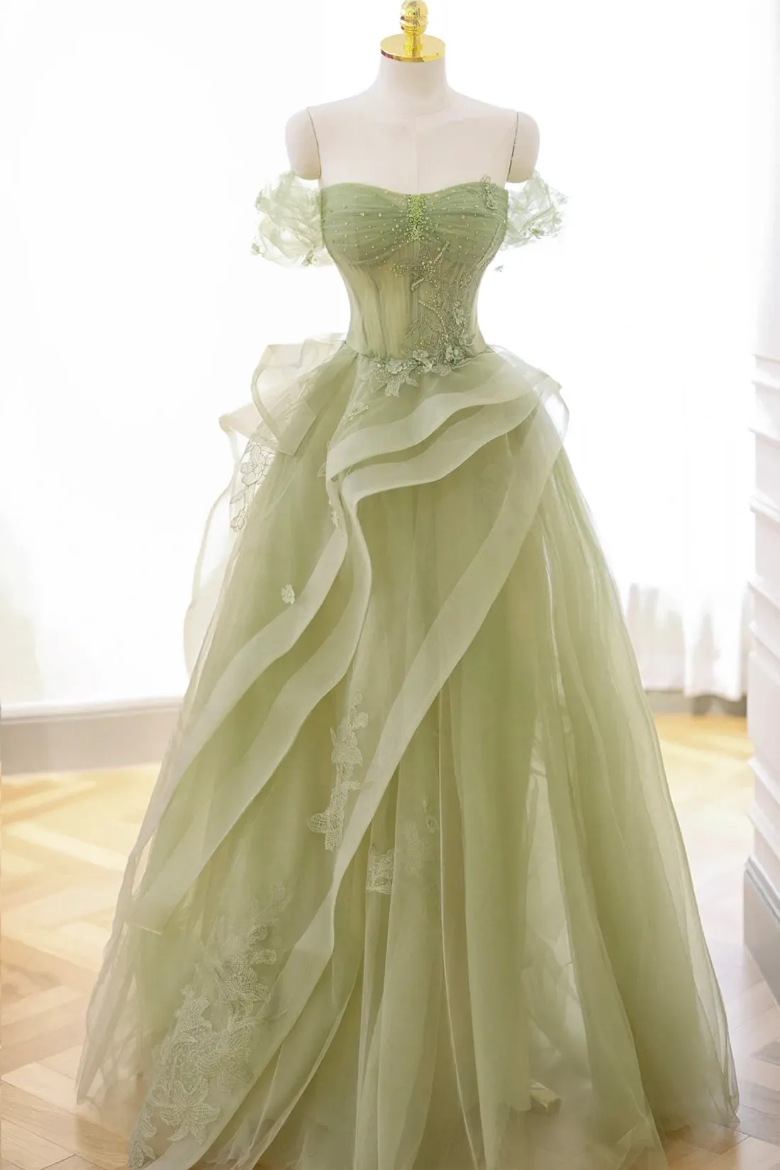 Green Tulle Lace Long Prom Dress with Corset, Off the Shoulder Green Formal Party Dress
