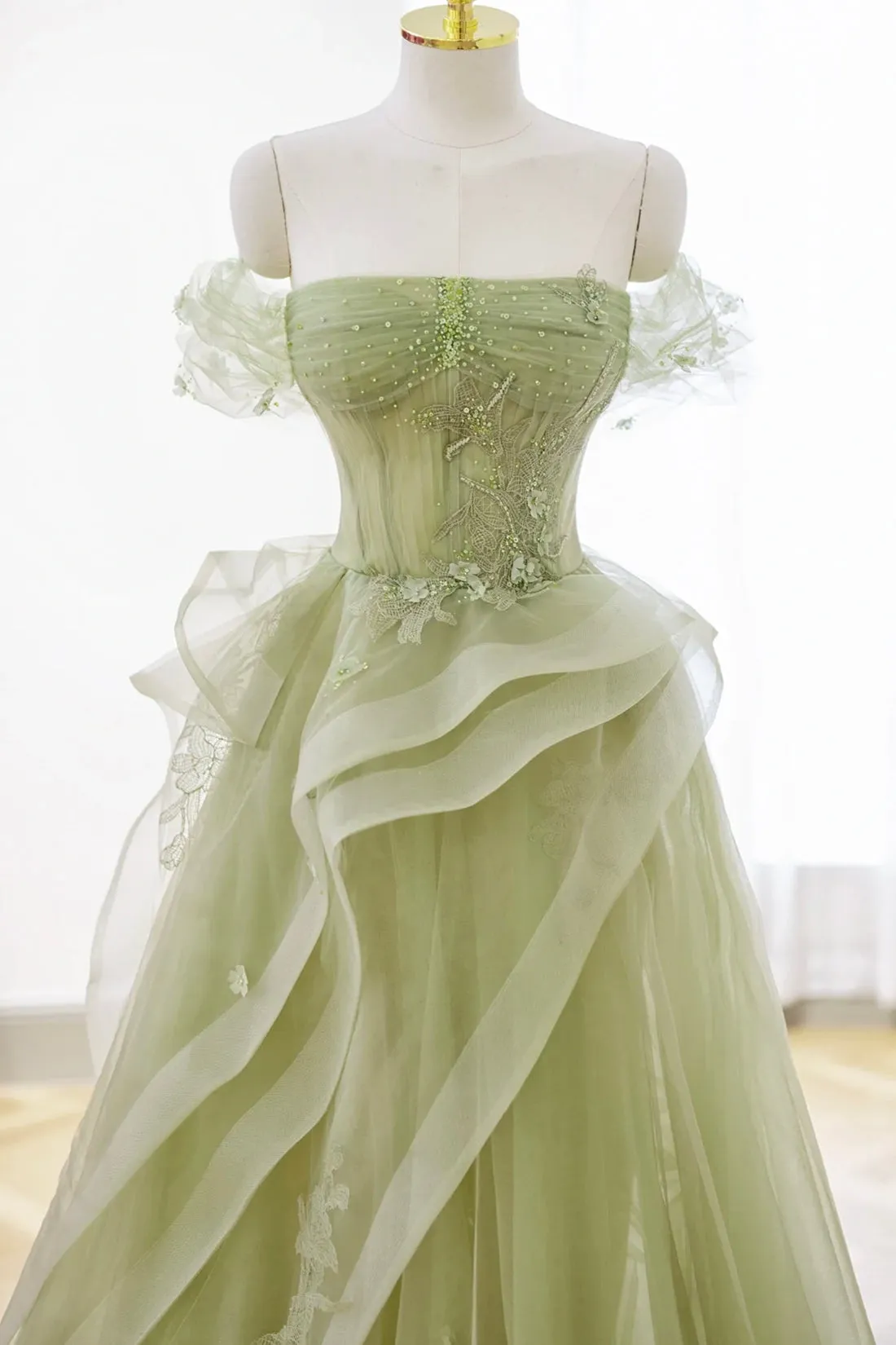 Green Tulle Lace Long Prom Dress with Corset, Off the Shoulder Green Formal Party Dress
