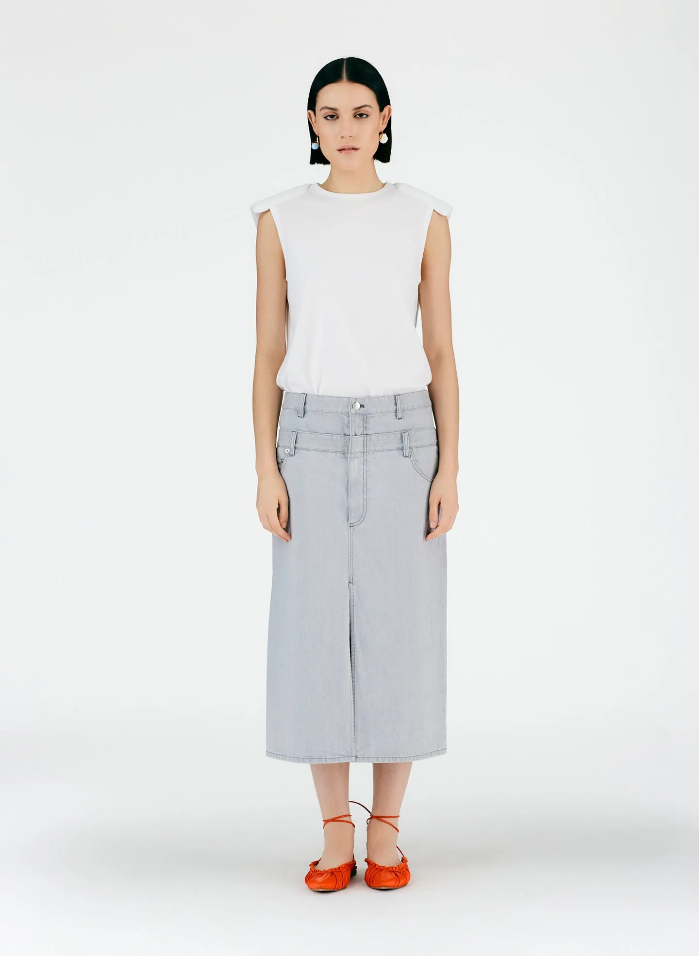 Grey Denim Double Waisted Denim Skirt
