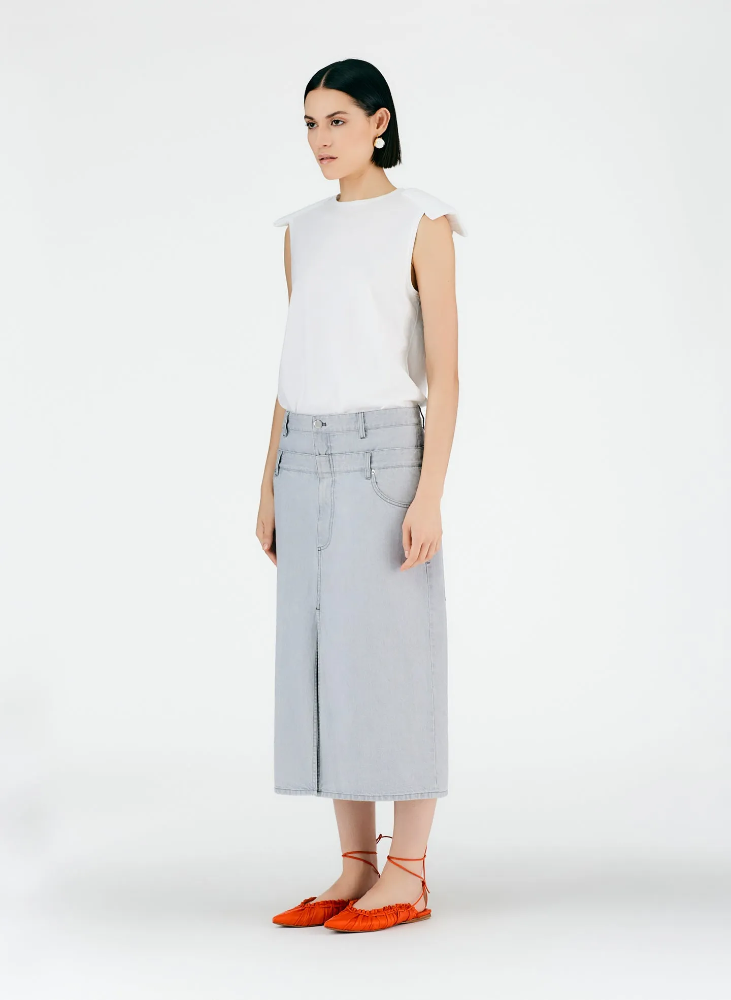 Grey Denim Double Waisted Denim Skirt