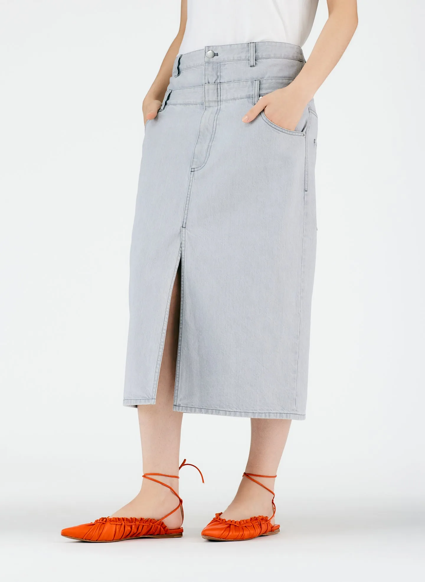 Grey Denim Double Waisted Denim Skirt