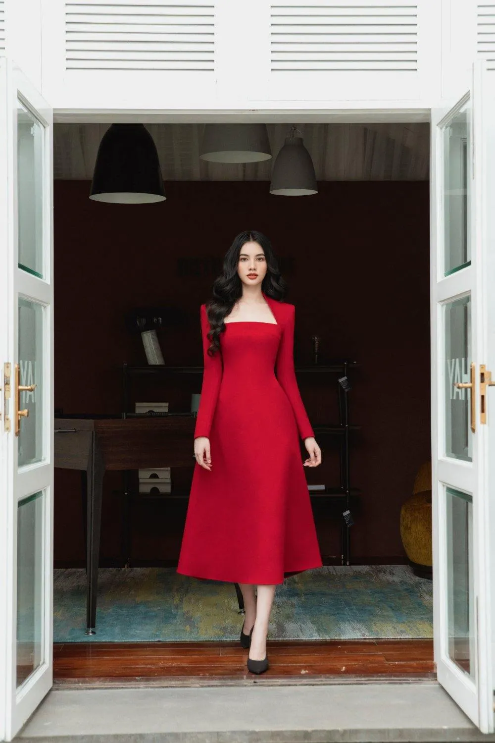 Harding Shoulder Padded Midi Dress