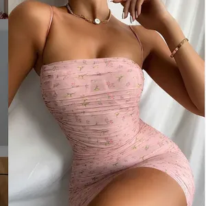 ins women's floral tube top open back slim suspender skirt dress