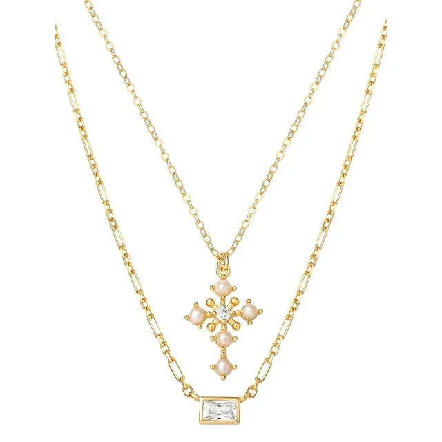 JS Jessica Simpson Gold Plated Sterling Silver CZ and Pearl Cross Layering Necklace Set